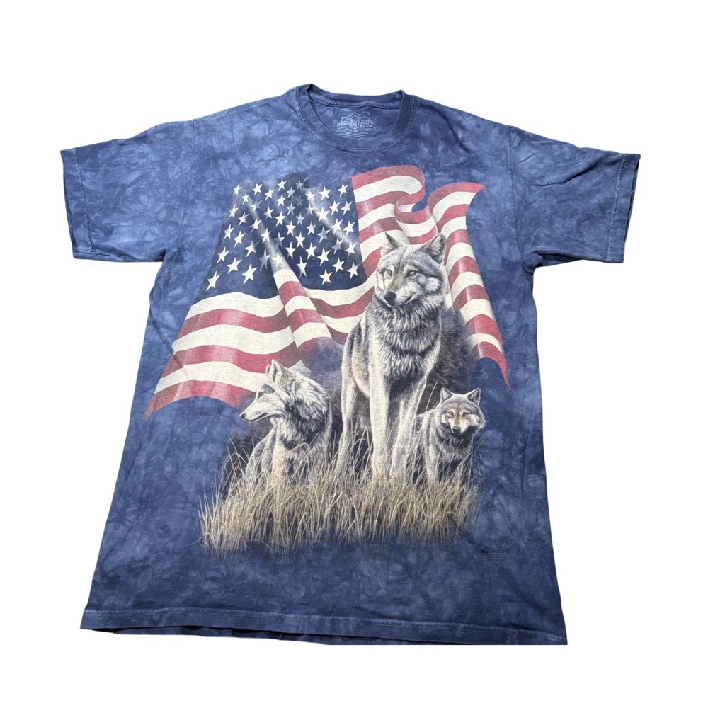 The Mountain Mens Wolf American Flag Tie Dye T-Shirt Blue M Patriotic Graphic
